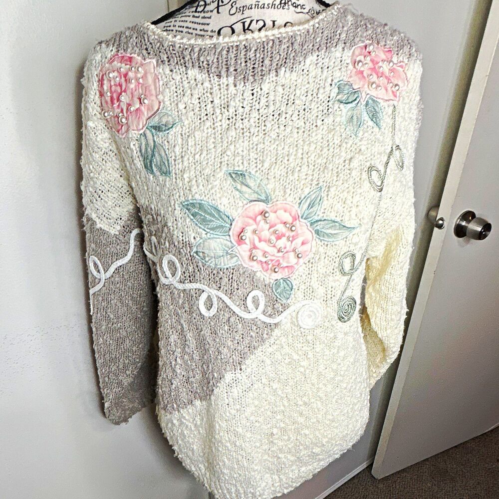 Vtg Private Party Floral Knit Applique Beaded Crewneck Pullover Sweater M 80s